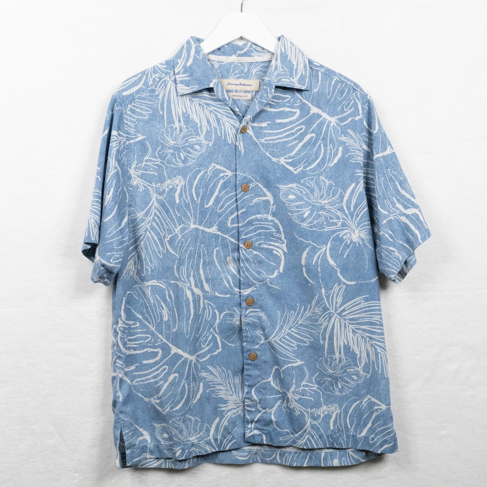 TOMMY BAHAMA Original Fit Silk Blend Tropical Shirt Blue White Mens Sz S